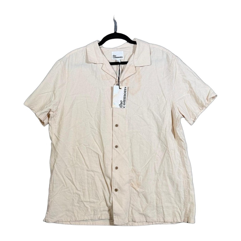 The Commons Mens L Linen Blend Camp Collar Short Sleeve Button Up Shirt Beige